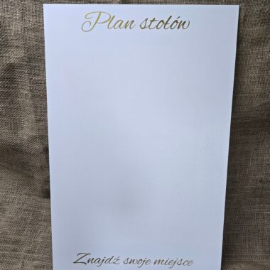 Tablica „Plan stołów” 38 × 58 cm – złoty napis na wesele