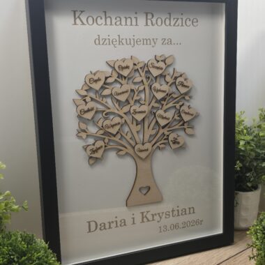 Podziękowanie dla rodziców drzewko w ramce XXL Personalizowane drzewko dla rodziców w ramce Drzewko podziękowanie dla rodziców ślub Ramka XXL z drzewkiem i serduszkami Prezent dla rodziców na ślub drzewko Drewniane podziękowanie dla rodziców 3D